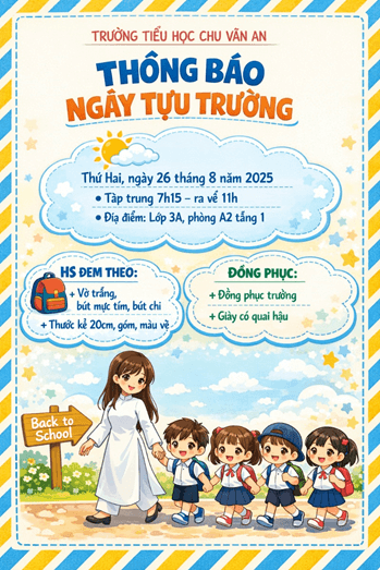 Bộ câu lệnh và mẫu thiết kế thông báo tựu trường, khai giảng năm học mới