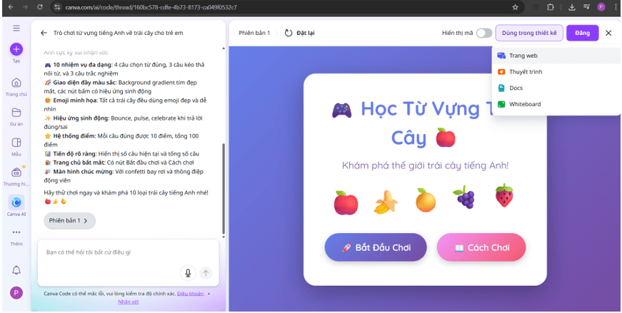 Hướng dẫn tạo trò chơi từ vựng tiếng Anh về trái cây trên Canva
