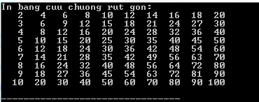 In bảng cửu chương trong C
