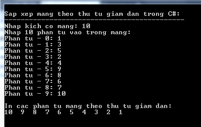 Sắp xếp mảng theo thứ tự giảm dần trong C#