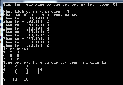 Tính tổng các hàng, các cột của ma trận trong C#