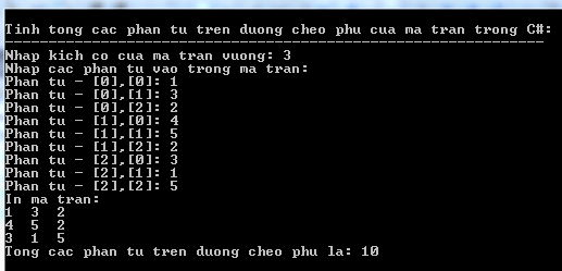 Tính tổng các phần tử trên đường chéo phụ của ma trận trong C#