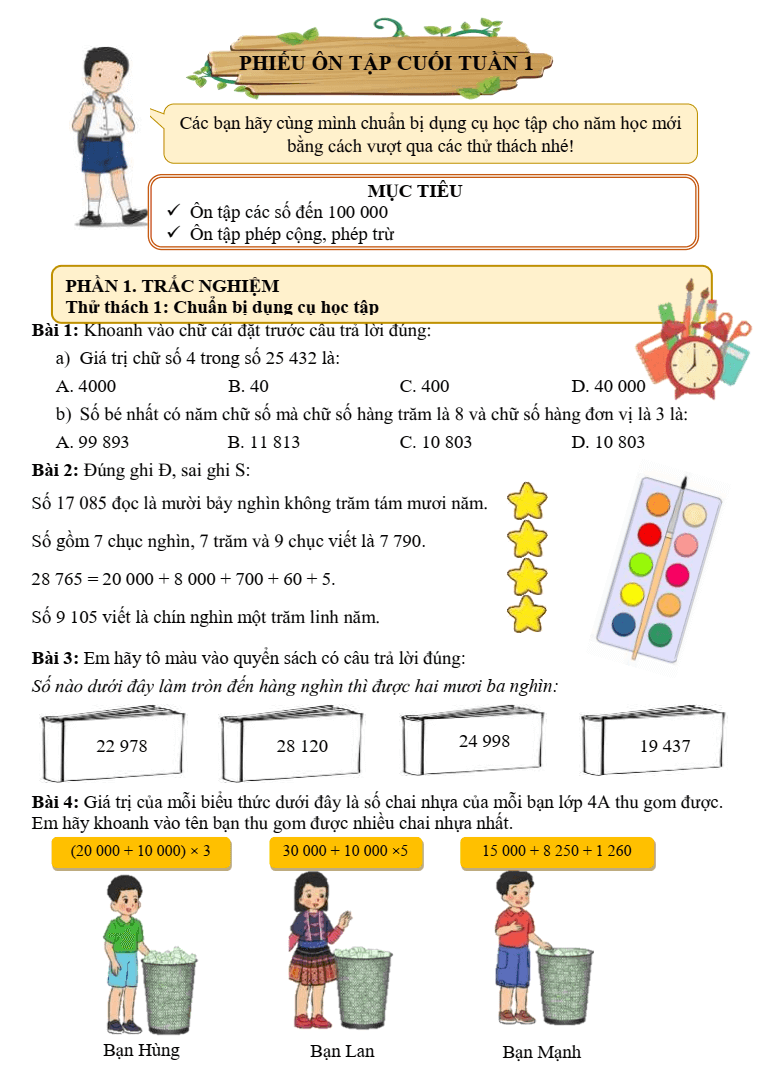Bài tập cuối tuần Toán lớp 4 Tuần 1 Chân trời sáng tạo (có đáp án) | Đề kiểm tra cuối tuần Toán lớp 4