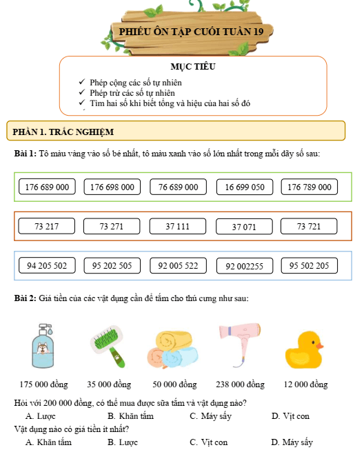 Bài tập cuối tuần Toán lớp 4 Tuần 19 Chân trời sáng tạo (có đáp án) | Đề kiểm tra cuối tuần Toán lớp 4