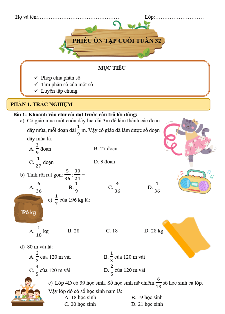 Bài tập cuối tuần Toán lớp 4 Tuần 32 Kết nối tri thức (có đáp án) | Đề kiểm tra cuối tuần Toán lớp 4