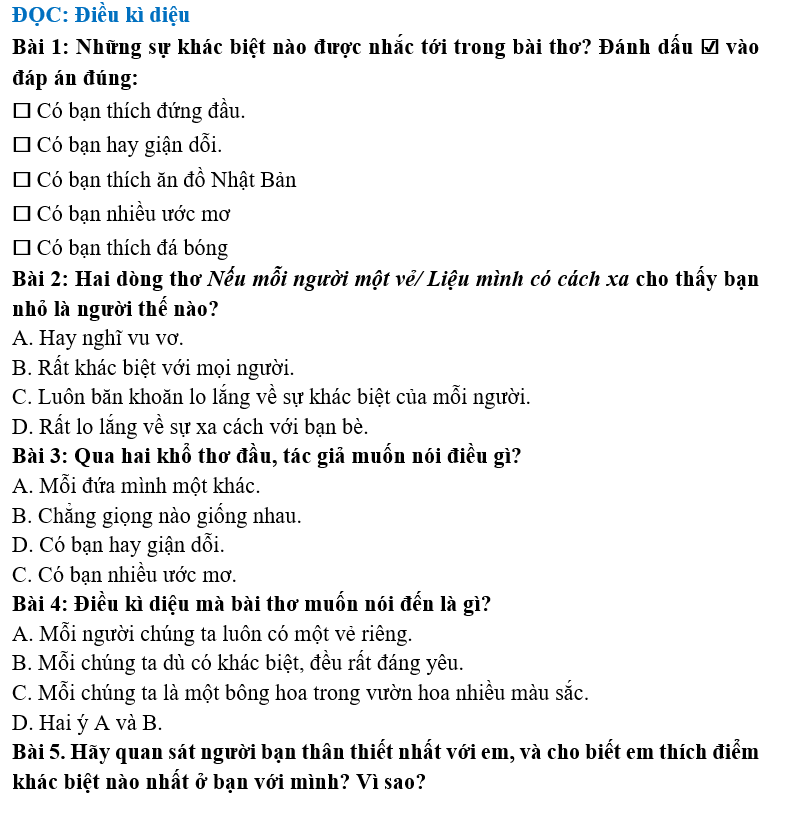 Bài tập hàng ngày Tiếng Việt lớp 4 Bài 1: Điều kì diệu | Kết nối tri thức