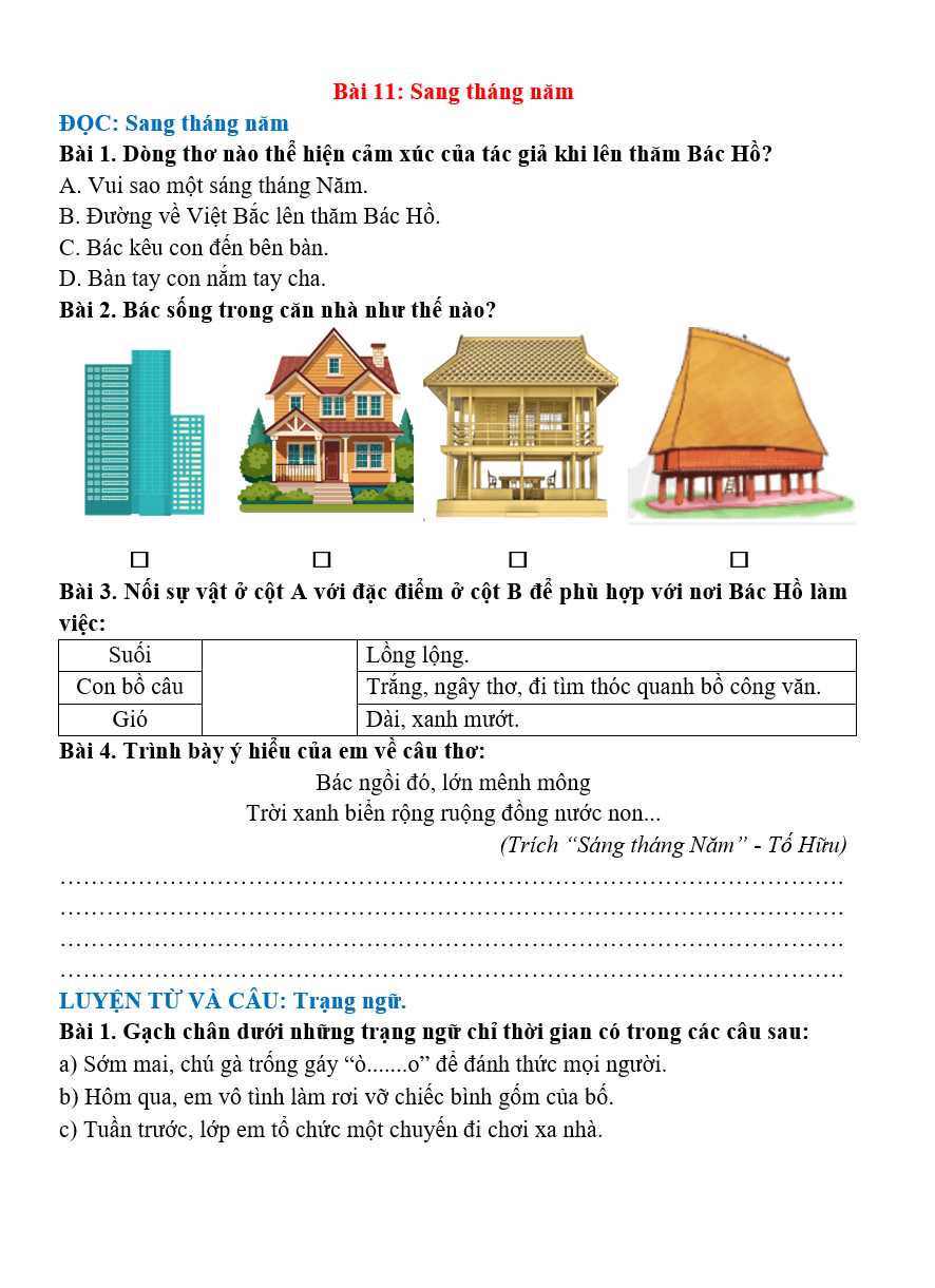 Bài tập hàng ngày Tiếng Việt lớp 4 Bài 11: Sáng tháng năm | Kết nối tri thức