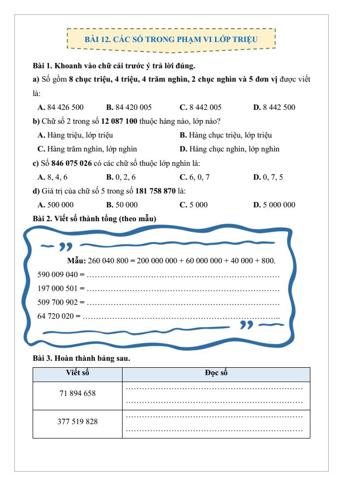 Bài tập hàng ngày Toán lớp 4 Bài 12: Các số trong phạm vi lớp triệu | Kết nối tri thức