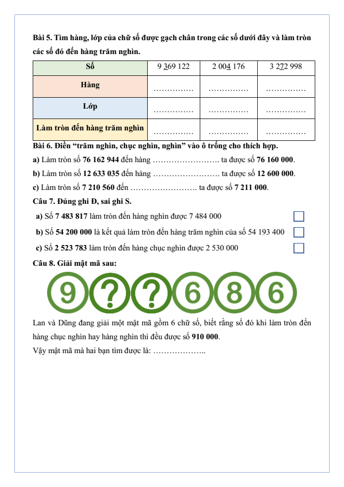 Bài tập hàng ngày Toán lớp 4 Bài 13: Làm tròn số đến hàng trăm nghìn | Kết nối tri thức