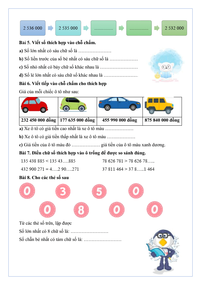 Bài tập hàng ngày Toán lớp 4 Bài 14: So sánh các số có nhiều chữ số | Kết nối tri thức