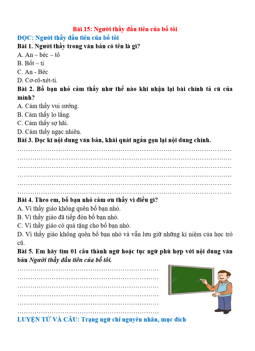 Bài tập hàng ngày Tiếng Việt lớp 4 Bài 15: Người thầy đầu tiên của bố tôi | Kết nối tri thức