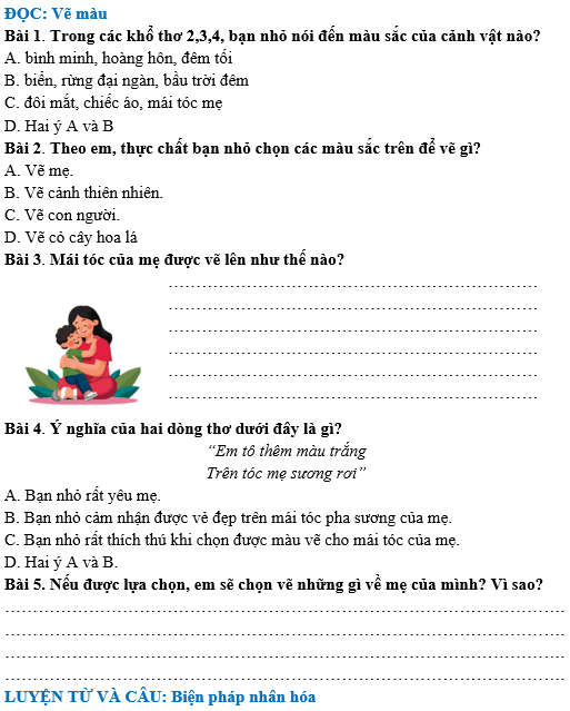 Bài tập hàng ngày Tiếng Việt lớp 4 Bài 17: Vẽ màu | Kết nối tri thức