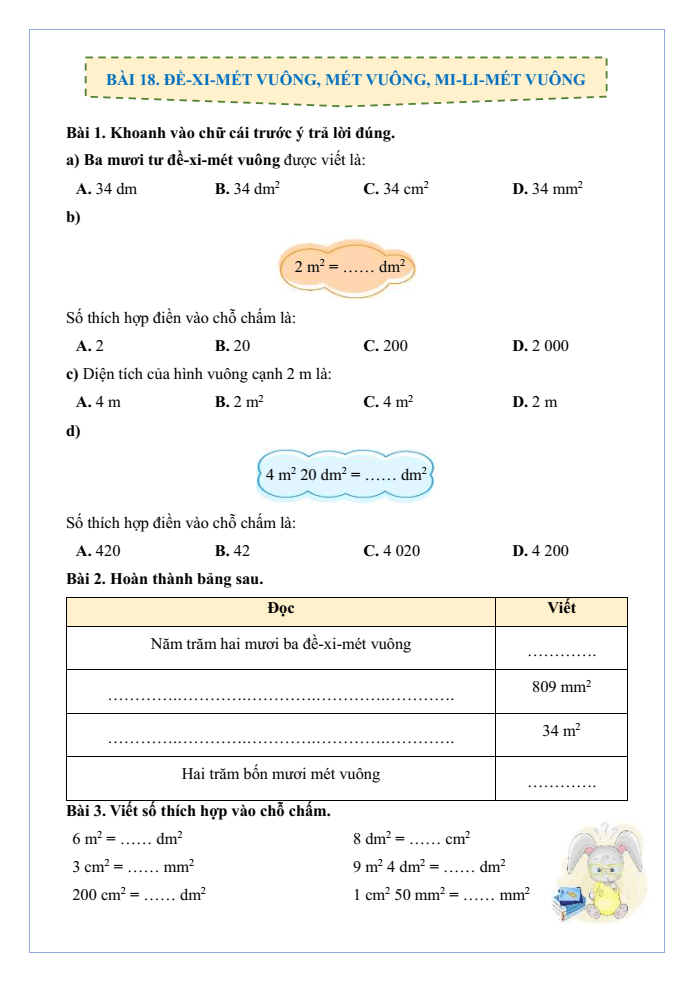 Bài tập hàng ngày Toán lớp 4 Bài 18: Đề-xi-mét vuông, mét vuông, mi-li-mét vuông | Kết nối tri thức