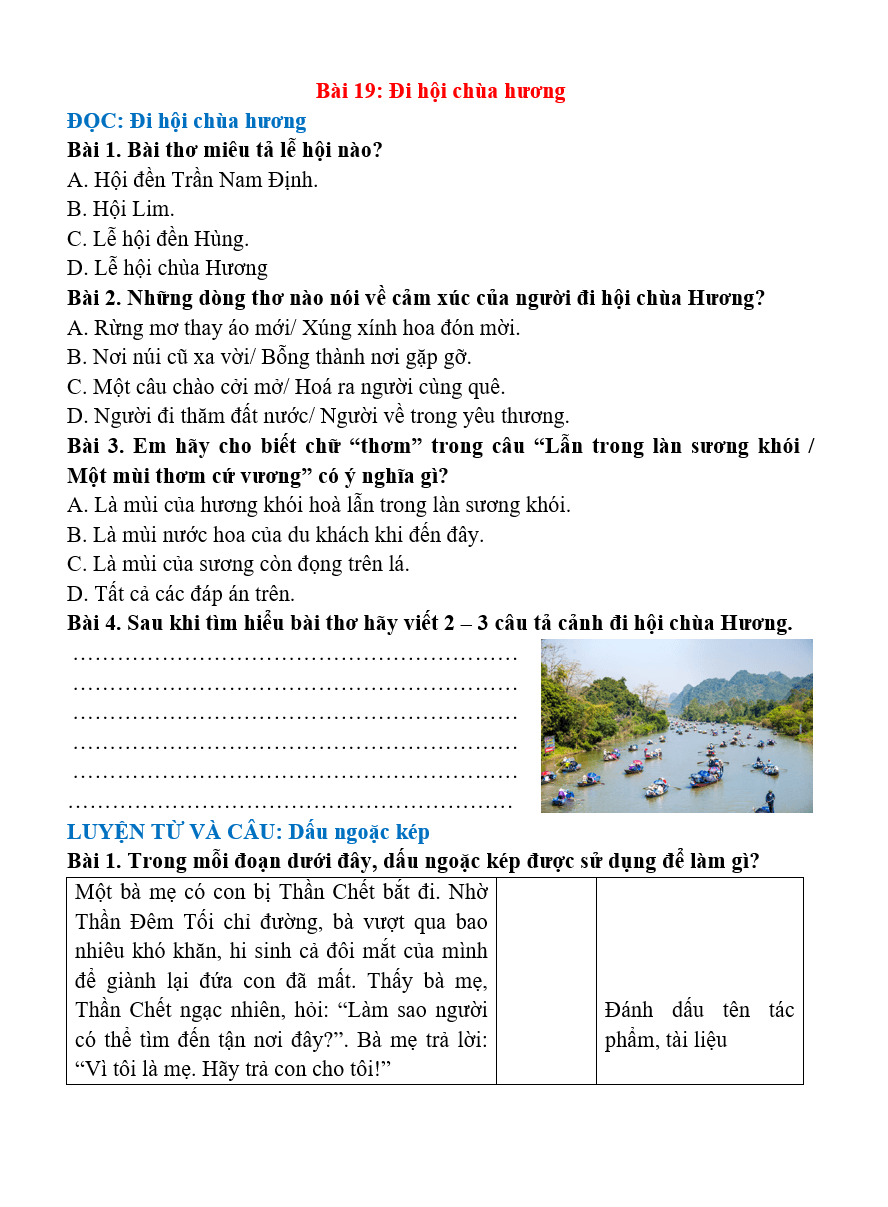 Bài tập hàng ngày Tiếng Việt lớp 4 Bài 19: Đi hội chùa Hương | Kết nối tri thức