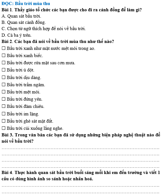 Bài tập hàng ngày Tiếng Việt lớp 4 Bài 20: Bầu trời mùa thu | Kết nối tri thức