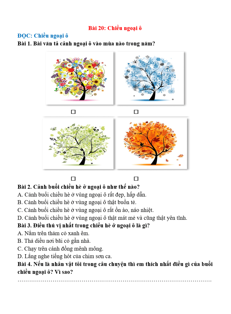 Bài tập hàng ngày Tiếng Việt lớp 4 Bài 20: Chiều ngoại ô | Kết nối tri thức