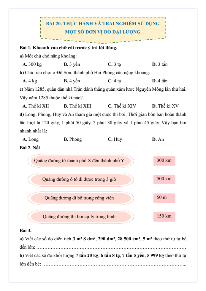 Bài tập hàng ngày Toán lớp 4 Bài 20: Thực hành và trải nghiệm sử dụng một số đơn vị đo đại lượng | Kết nối tri thức