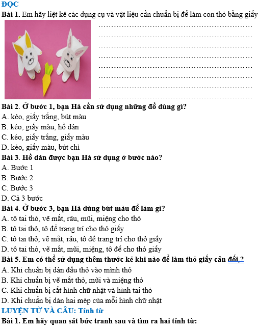 Bài tập hàng ngày Tiếng Việt lớp 4 Bài 21: Làm thỏ con bằng giấy | Kết nối tri thức