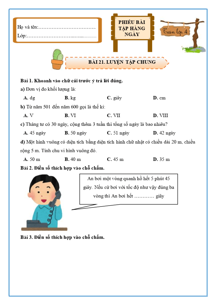 Bài tập hàng ngày Toán lớp 4 Bài 21: Luyện tập chung | Kết nối tri thức