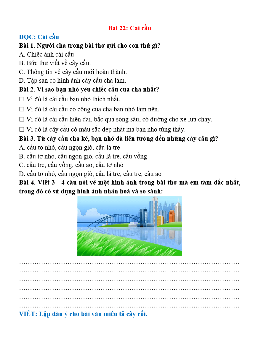 Bài tập hàng ngày Tiếng Việt lớp 4 Bài 22: Cái cầu | Kết nối tri thức