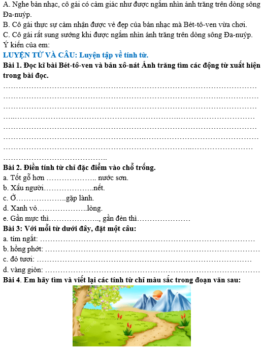 Bài tập hàng ngày Tiếng Việt lớp 4 Bài 23: Bét-tô-ven và Bản xô- nát Ánh trăng | Kết nối tri thức