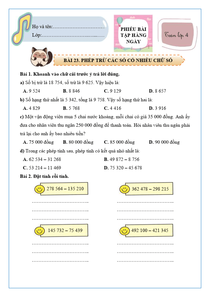 Bài tập hàng ngày Toán lớp 4 Bài 23: Phép trừ các số có nhiều chữ số | Kết nối tri thức