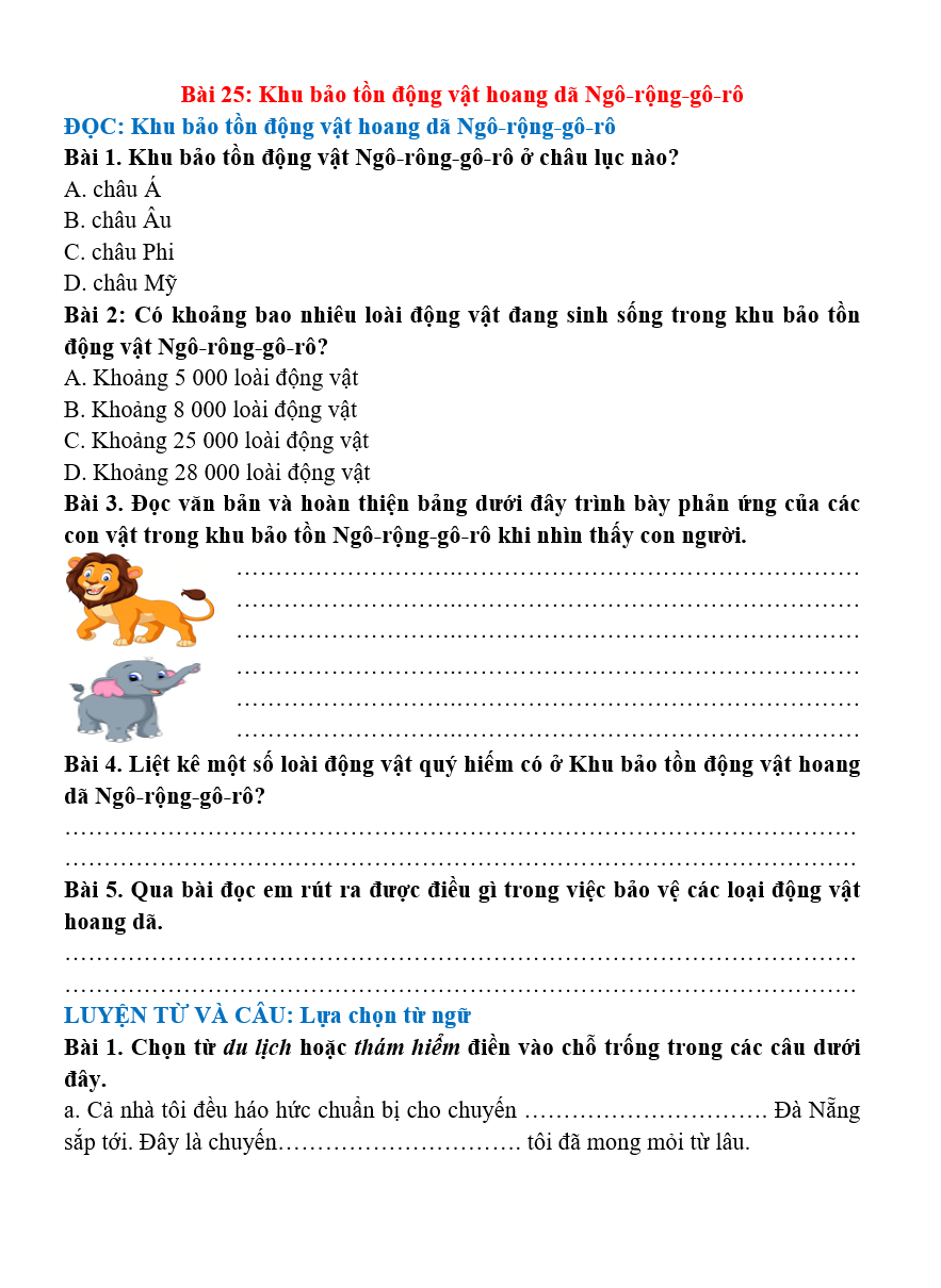 Bài tập hàng ngày Tiếng Việt lớp 4 Bài 25: Khu bảo tồn động vật hoang dã Ngô-rông-gô-rô | Kết nối tri thức