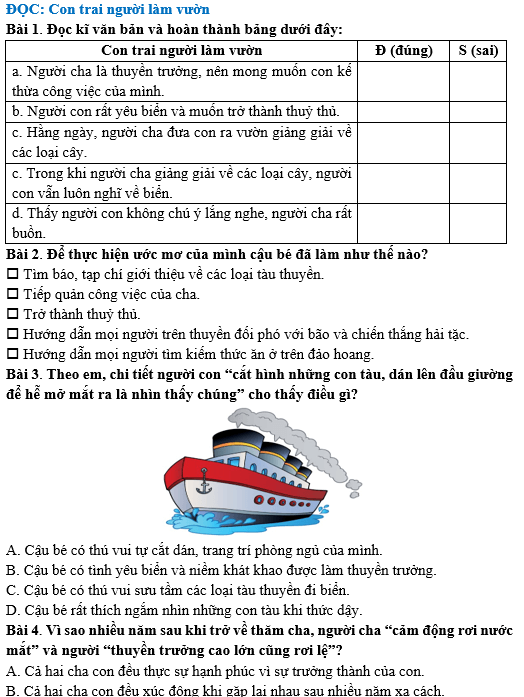 Bài tập hàng ngày Tiếng Việt lớp 4 Bài 26: Con trai người làm vườn | Kết nối tri thức