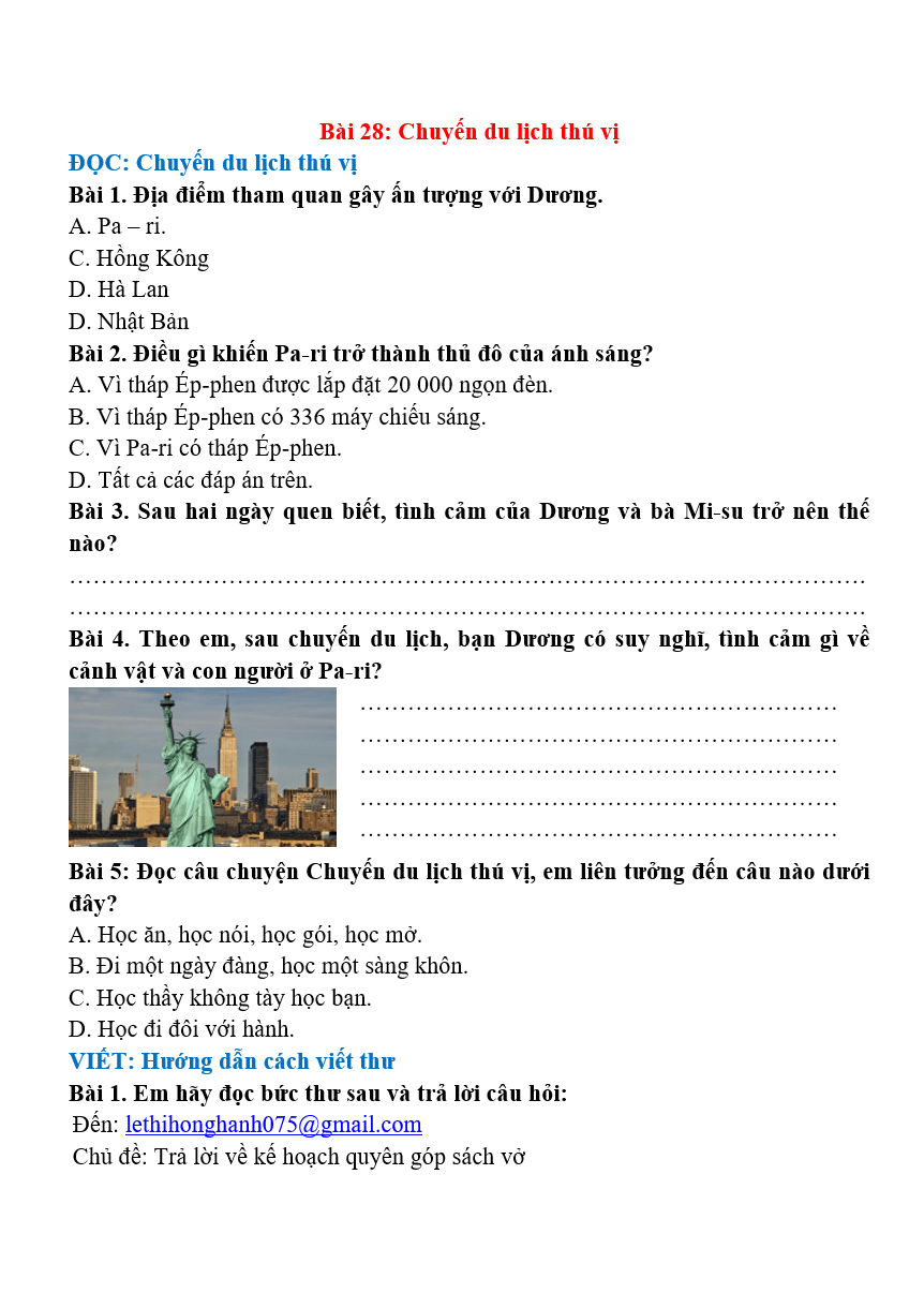 Bài tập hàng ngày Tiếng Việt lớp 4 Bài 28: Chuyến du lịch thú vị | Kết nối tri thức