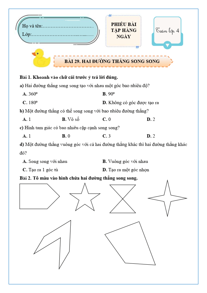 Bài tập hàng ngày Toán lớp 4 Bài 29: Hai đường thẳng song song | Kết nối tri thức