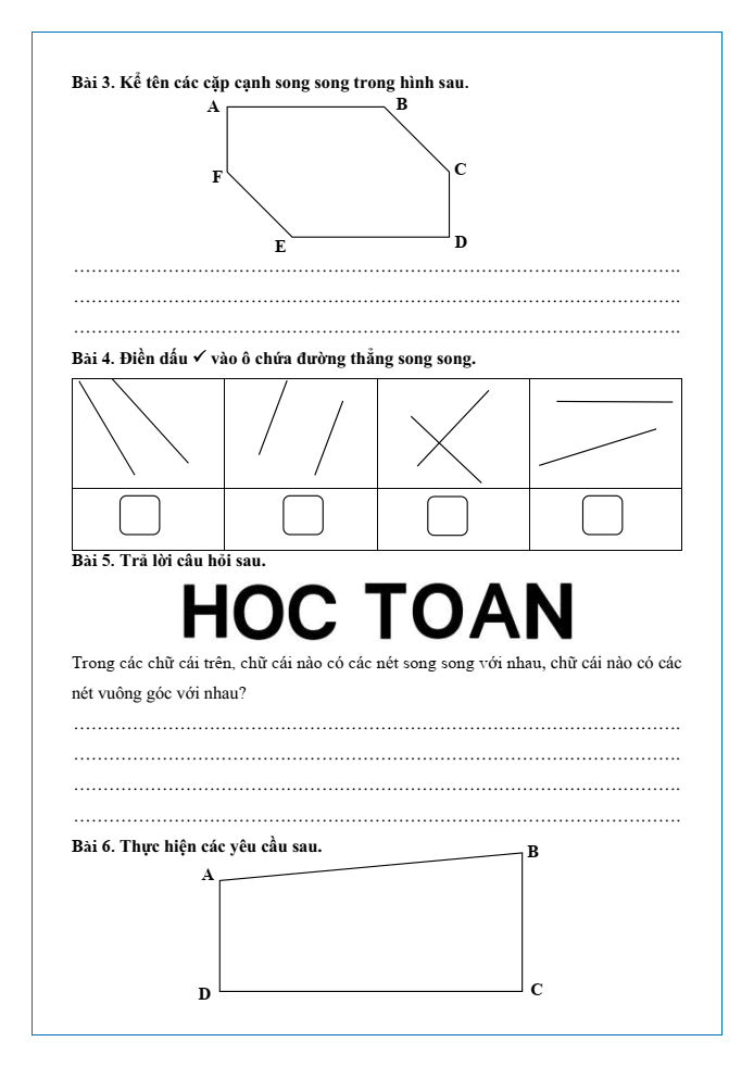 Bài tập hàng ngày Toán lớp 4 Bài 29: Hai đường thẳng song song | Kết nối tri thức
