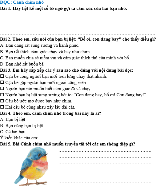 Bài tập hàng ngày Tiếng Việt lớp 4 Bài 30: Cánh chim nhỏ | Kết nối tri thức