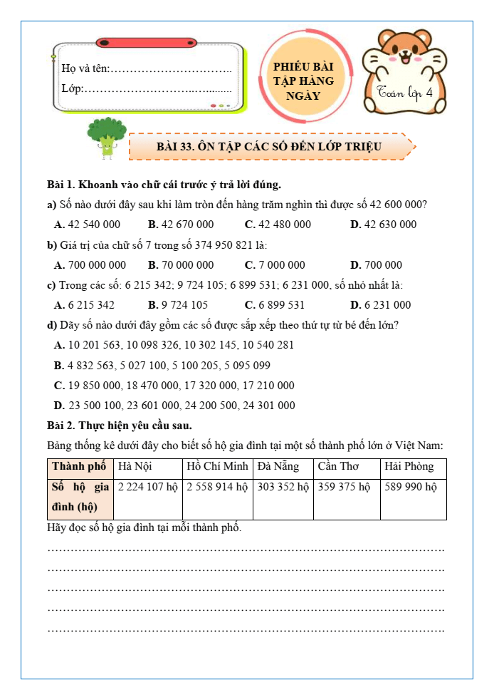 Bài tập hàng ngày Toán lớp 4 Bài 33: Ôn tập các số đến lớp triệu | Kết nối tri thức