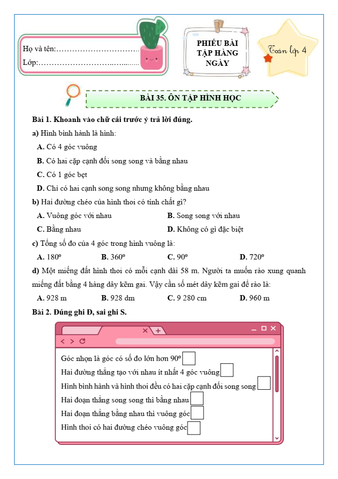 Bài tập hàng ngày Toán lớp 4 Bài 35: Ôn tập hình học | Kết nối tri thức