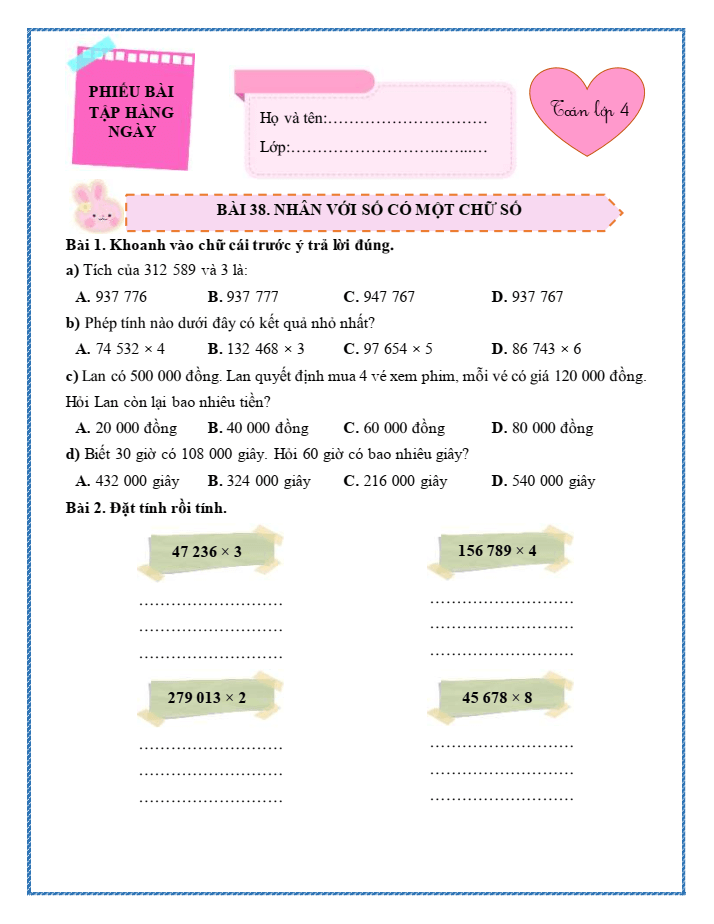 Bài tập hàng ngày Toán lớp 4 Bài 38: Nhân với số có một chữ số | Kết nối tri thức