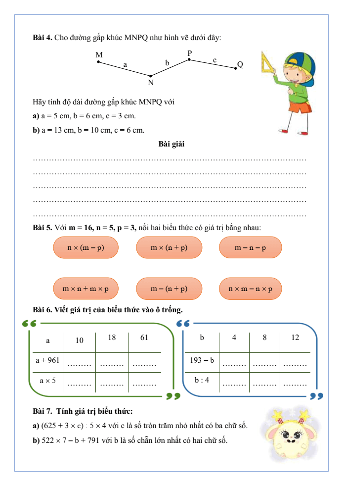 Bài tập hàng ngày Toán lớp 4 Bài 4: Biểu thức chứa chữ | Kết nối tri thức