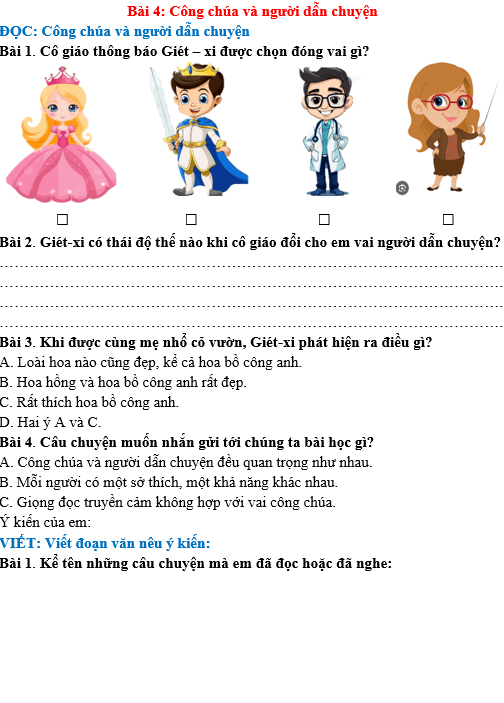 Bài tập hàng ngày Tiếng Việt lớp 4 Bài 4: Công chúa và người dẫn chuyện | Kết nối tri thức