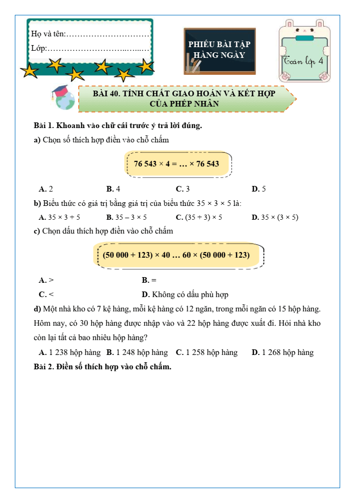 Bài tập hàng ngày Toán lớp 4 Bài 40: Tính chất giao hoán và kết hợp của phép nhân | Kết nối tri thức