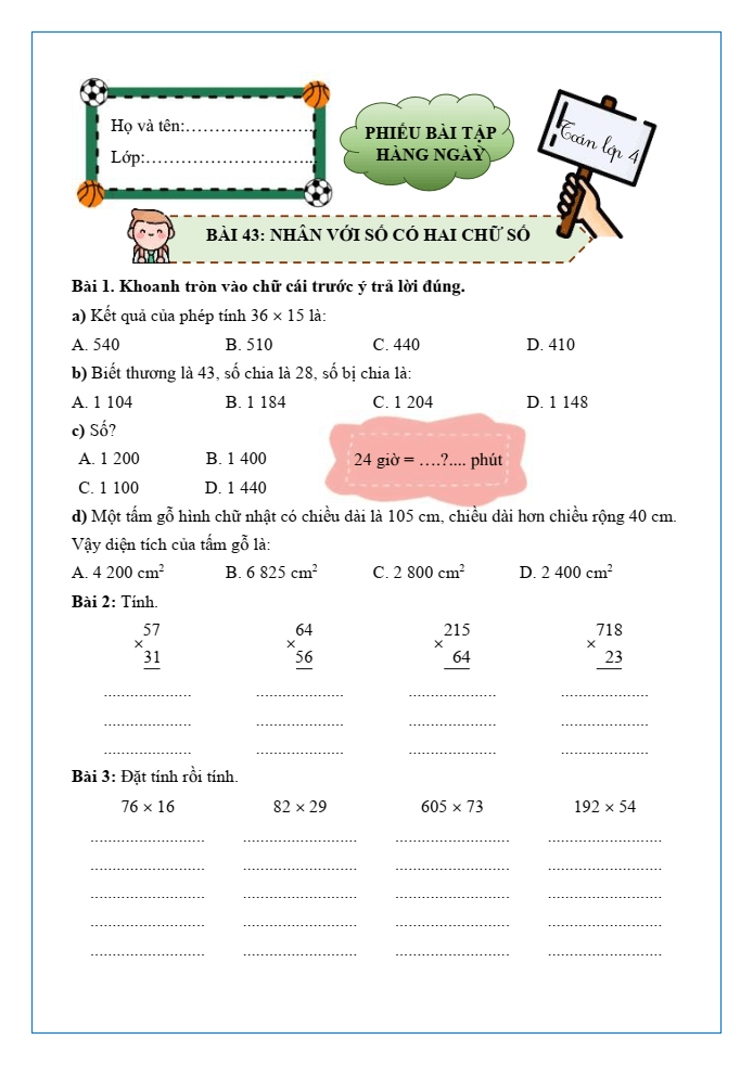 Bài tập hàng ngày Toán lớp 4 Bài 43: Nhân với số có hai chữ số | Kết nối tri thức