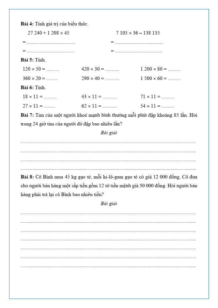 Bài tập hàng ngày Toán lớp 4 Bài 43: Nhân với số có hai chữ số | Kết nối tri thức