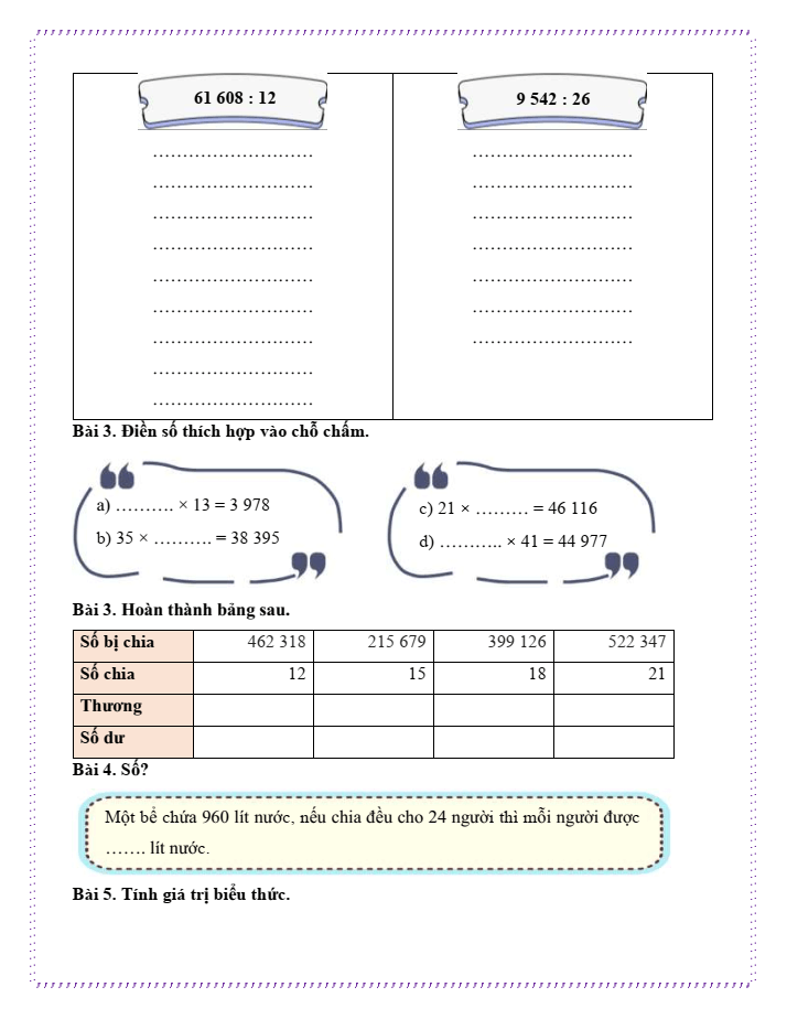 Bài tập hàng ngày Toán lớp 4 Bài 44: Chia cho số có hai chữ số | Kết nối tri thức