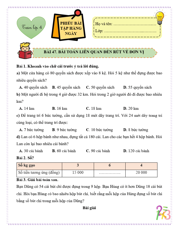 Bài tập hàng ngày Toán lớp 4 Bài 47: Bài toán liên quan đến rút về đơn vị | Kết nối tri thức