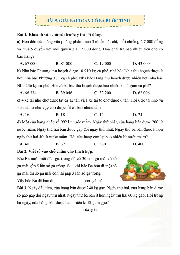 Bài tập hàng ngày Toán lớp 4 Bài 5: Giải bài toán có ba bước tính | Kết nối tri thức