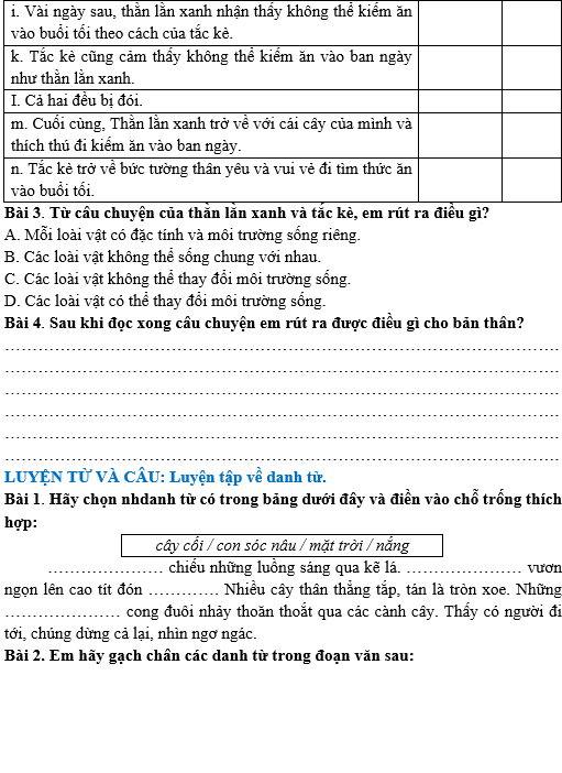 Bài tập hàng ngày Tiếng Việt lớp 4 Bài 5: Thằn lằn xanh và tắc kè | Kết nối tri thức