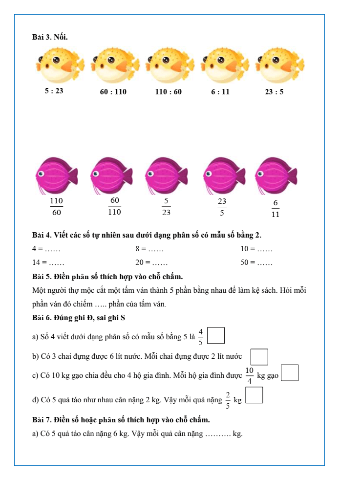 Bài tập hàng ngày Toán lớp 4 Bài 54: Phân số và phép chia số tự nhiên | Kết nối tri thức