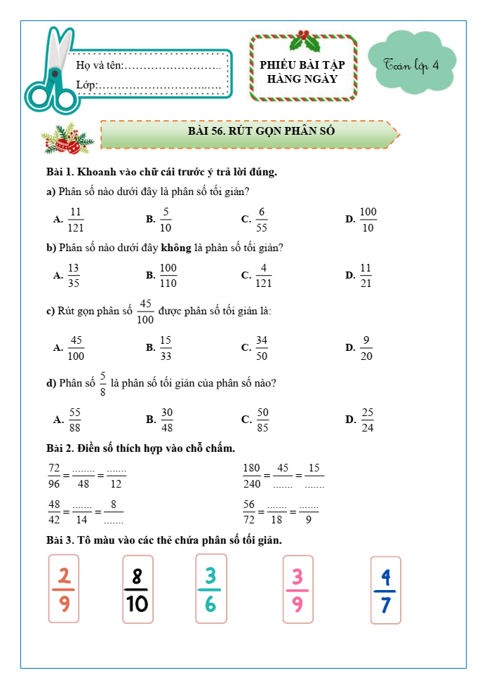 Bài tập hàng ngày Toán lớp 4 Bài 56: Rút gọn phân số | Kết nối tri thức
