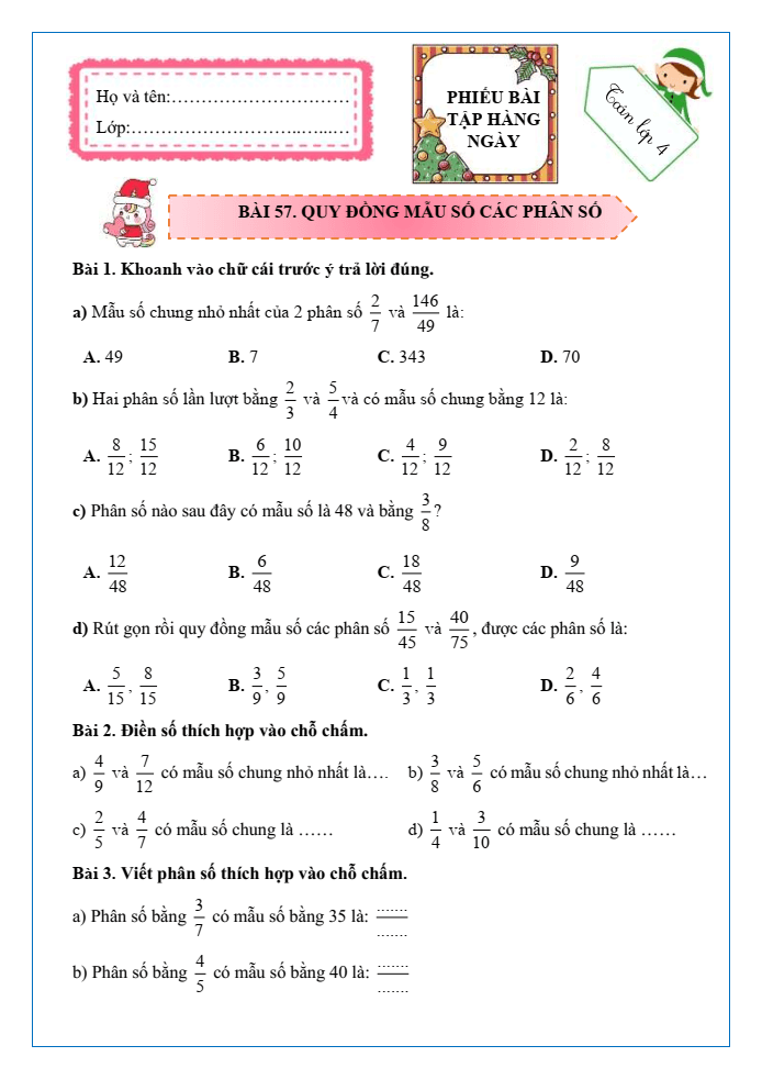 Bài tập hàng ngày Toán lớp 4 Bài 57: Quy đồng mẫu số các phân số | Kết nối tri thức