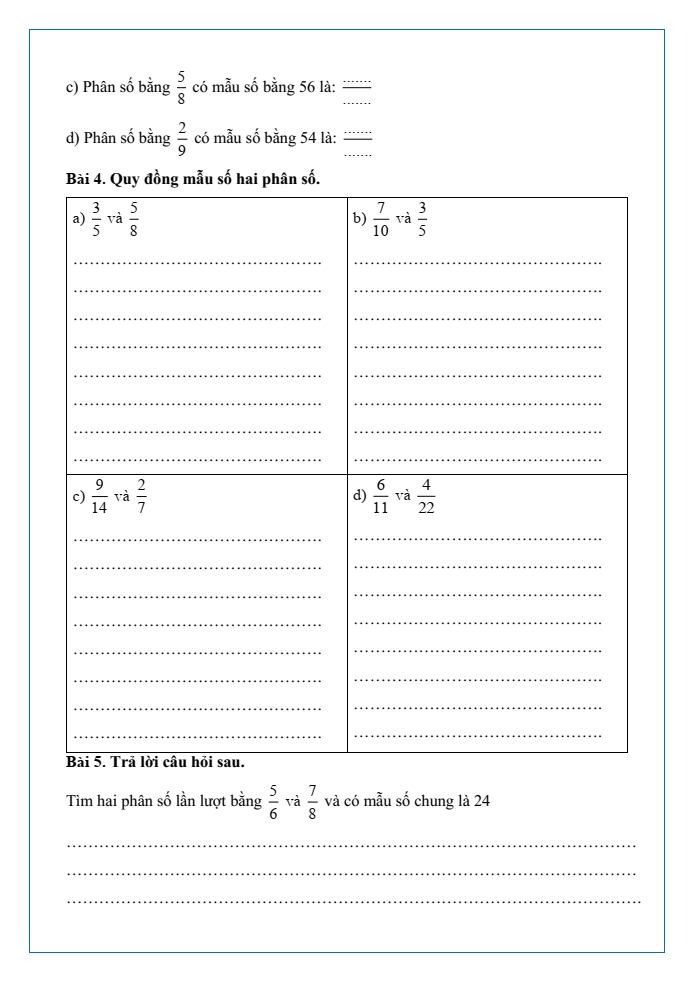 Bài tập hàng ngày Toán lớp 4 Bài 57: Quy đồng mẫu số các phân số | Kết nối tri thức