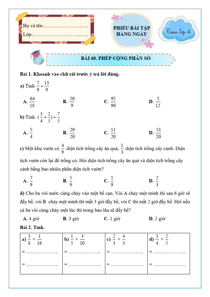 Bài tập hàng ngày Toán lớp 4 Bài 60: Phép cộng phân số | Kết nối tri thức