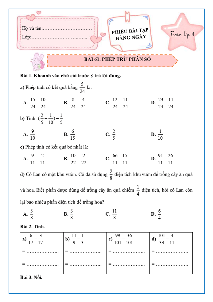 Bài tập hàng ngày Toán lớp 4 Bài 61: Phép trừ phân số | Kết nối tri thức